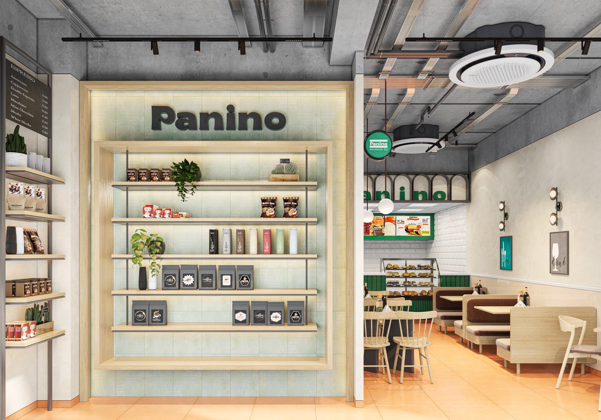 Cafe pantry wall with open shelving and packaged goods display